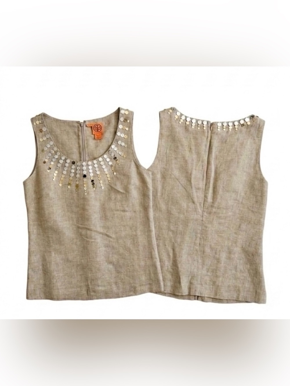 NWOT Tory Burch 100% Linen Sequin Embellished Sleeveless Blouse Size 12 - Picture 2 of 10
